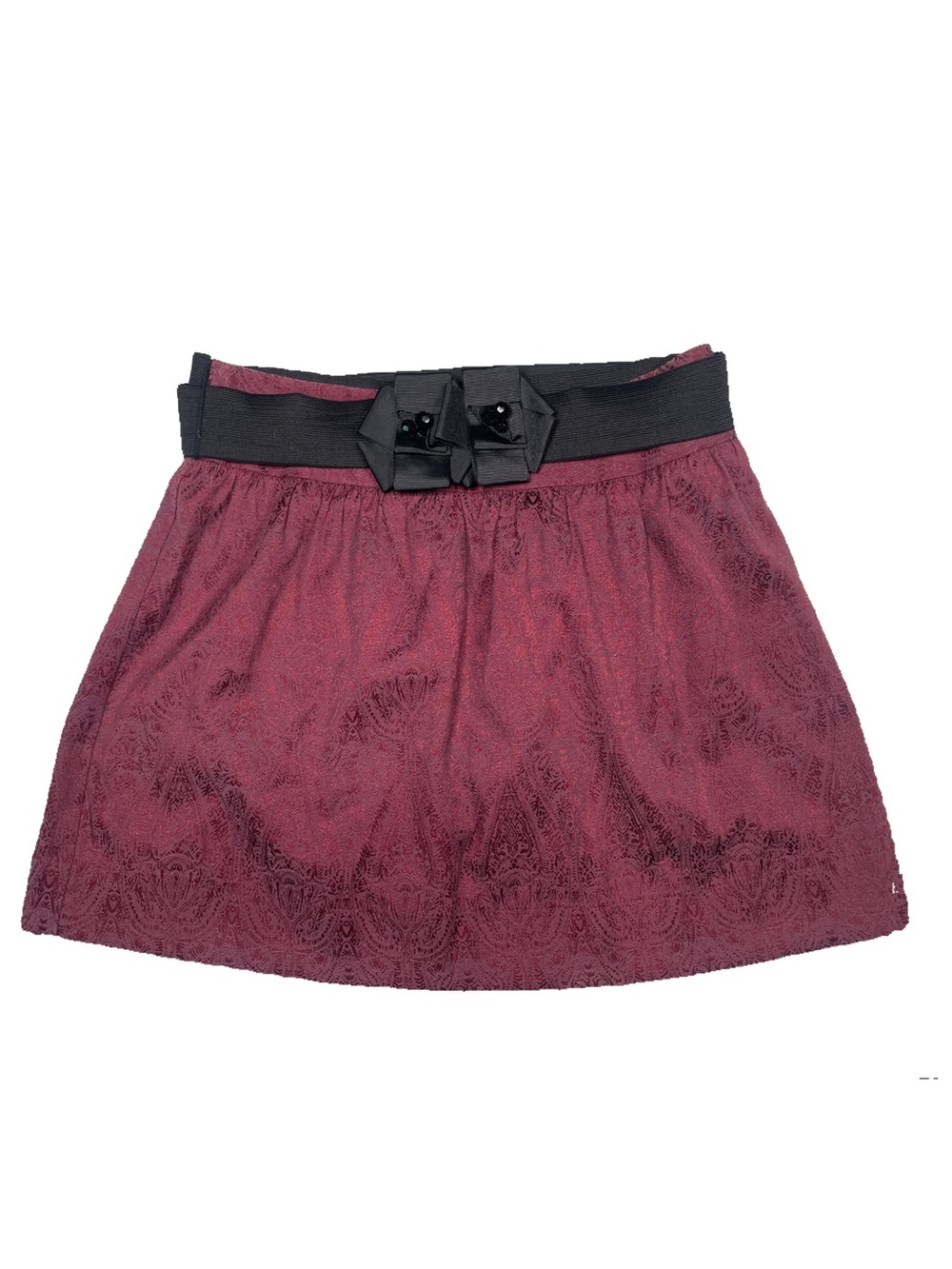 Stoosh Burgundy Brocade Damask Mini Skirt Wide Elastic Bow Waist Belt M